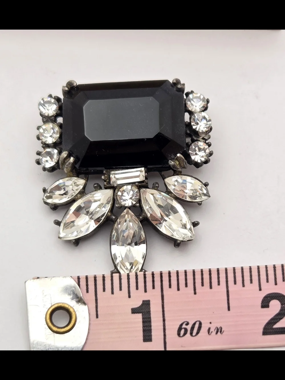 Vintage Black Glass Emerald Cut Rhinestone Brooch Pin Statement
